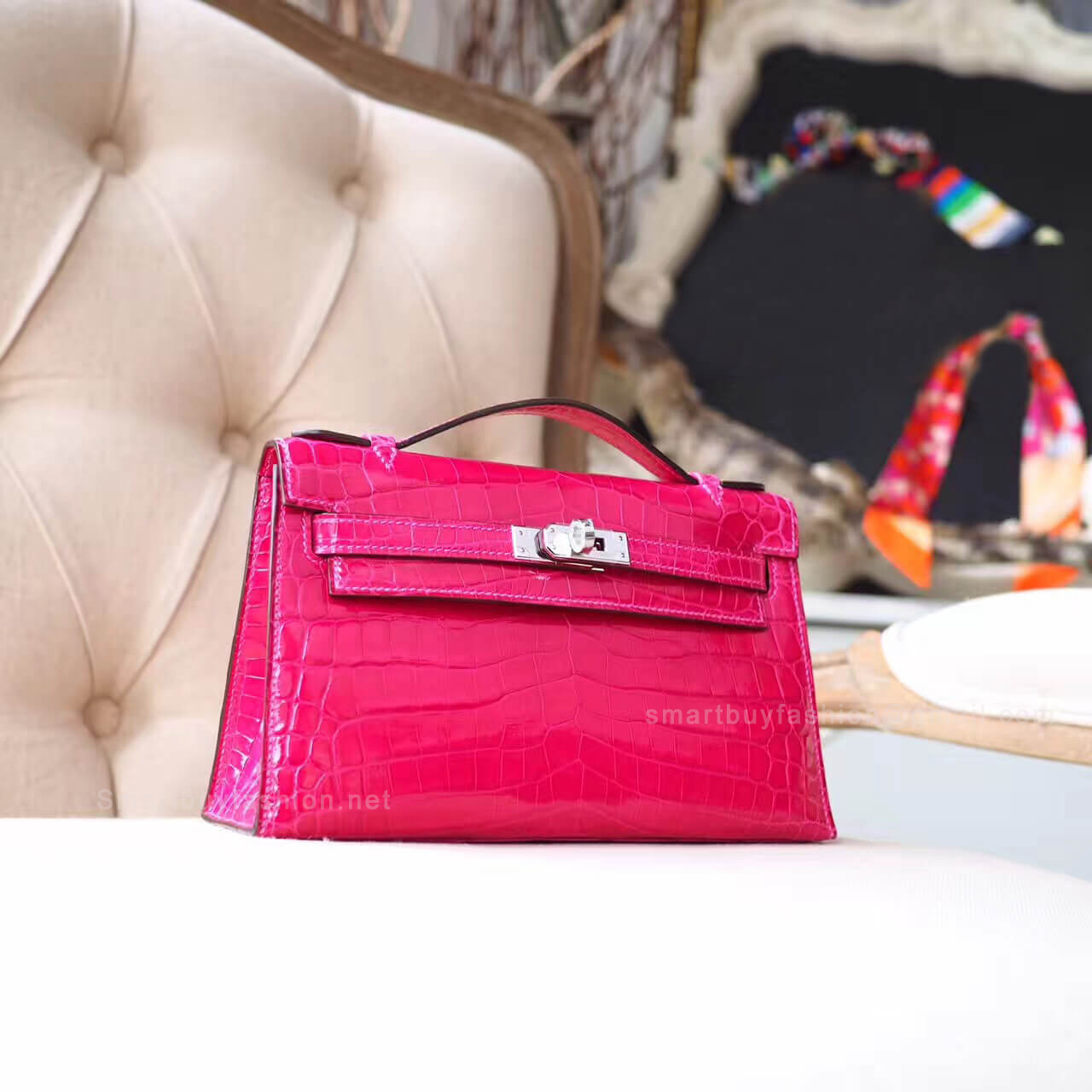 Hermes Mini Kelly 22 Pochette Bag in Rose Scheherazade Shiny Nile Croc PHW
